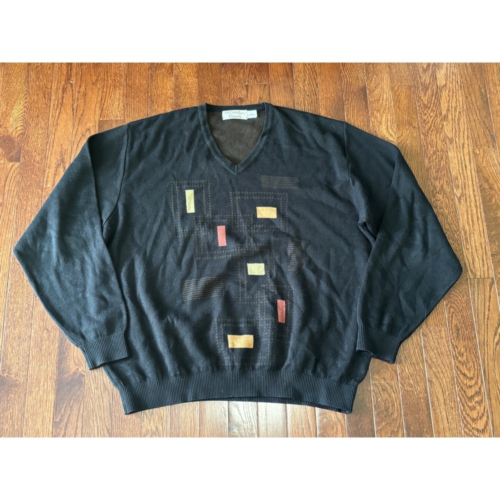 St. Croix Knits Mens V-Neck Sweater Black Geometric Abstract Cotton Tencel Large